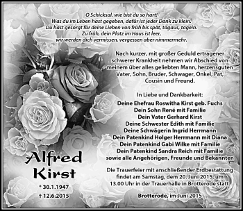 Traueranzeige von Alfred Kirst von Südthüringer Presse