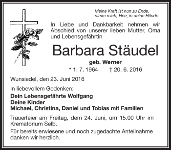 Traueranzeige von Barbara Stäudel von Frankenpost