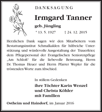 Traueranzeige von Irmgard Tanner von Südthüringer Presse