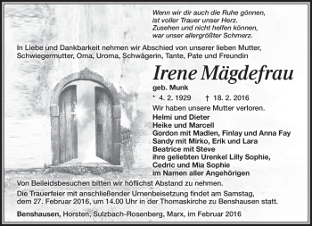 Traueranzeige von Irene Mägdefrau von Südthüringer Presse