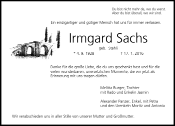 Traueranzeige von Irmgard Sachs von Frankenpost