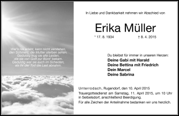 Traueranzeige von Erika Müller von Neue Presse Coburg