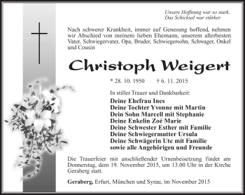 Traueranzeige von Christoph Weigert von Südthüringer Presse