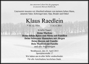 Traueranzeige von Klaus Rädlein von Neue Presse Coburg