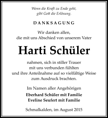 Traueranzeige von Harti Schüler von Südthüringer Presse