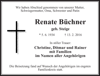 Traueranzeige von Renate Büchner von Neue Presse Coburg