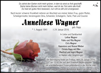 Traueranzeige von Anneliese Wagner von Südthüringer Presse