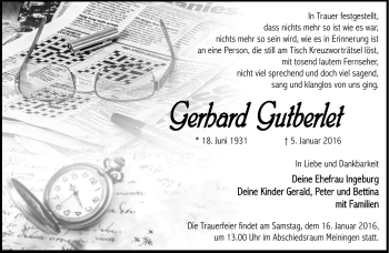 Traueranzeige von Gerhard Gutberlet von Südthüringer Presse