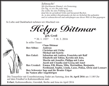 Traueranzeige von Helga Dittmar von Südthüringer Presse