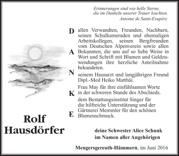 Traueranzeige von Rolf Hausdörfer von Südthüringer Presse