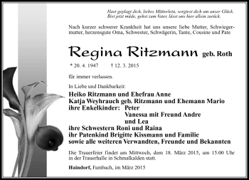 Traueranzeige von Regina Ritzmann von Südthüringer Presse