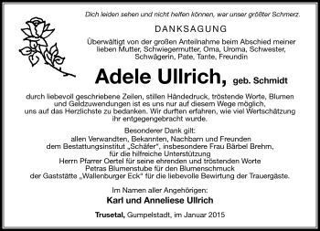 Traueranzeige von Adele Ullrich von Südthüringer Presse