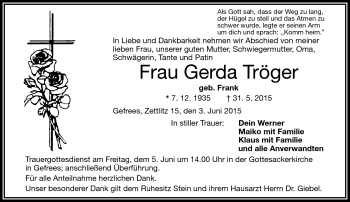 Traueranzeige von Gerda Tröger von Frankenpost