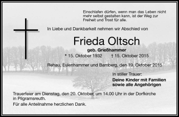 Traueranzeige von Frieda Oltsch von Frankenpost