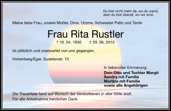 Traueranzeige von Rita Rustler von Frankenpost