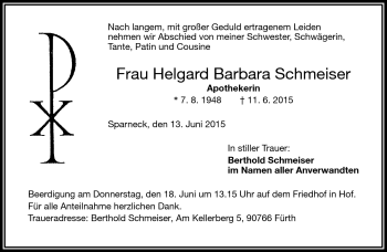 Traueranzeige von Helgard Barbara Schmeiser von Frankenpost