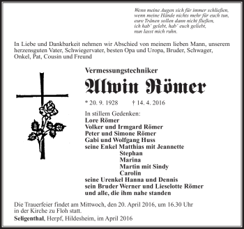 Traueranzeige von Alwin Römer von Südthüringer Presse