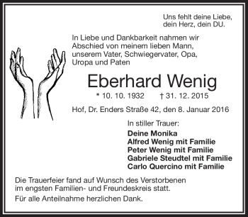Traueranzeige von Eberhard Wenig von Frankenpost