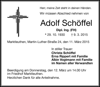 Traueranzeige von Adolf Schöffel von Frankenpost