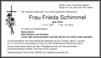 Traueranzeige von Frieda Schimmel von Frankenpost