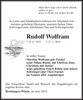 Traueranzeige von Rudolf Wolfram von Südthüringer Presse