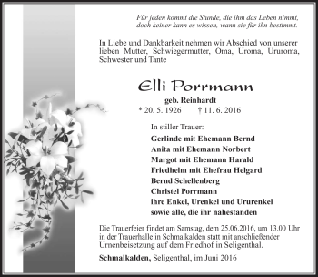 Traueranzeige von Elli Porrmann von Südthüringer Presse