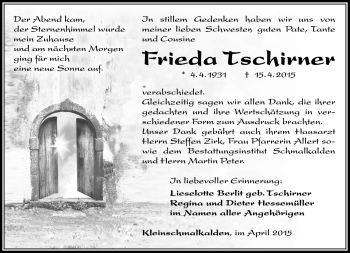 Traueranzeige von Frieda Tschirner von Südthüringer Presse