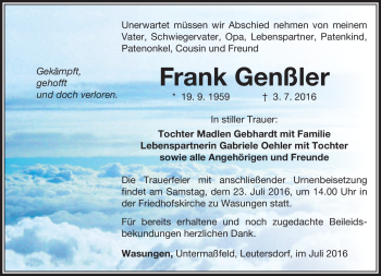 Traueranzeige von Frank Genßler von Südthüringer Presse