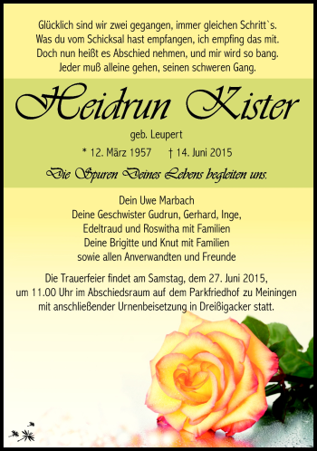 Traueranzeige von Heidrun Kister von Südthüringer Presse
