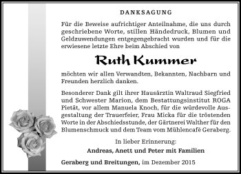 Traueranzeige von Ruth Kummer von Südthüringer Presse