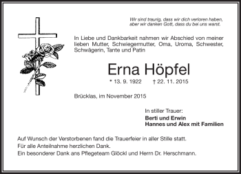 Traueranzeige von Erna Höpfel von Frankenpost