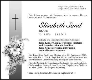 Traueranzeige von Elisabeth Sand von Südthüringer Presse
