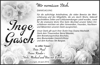 Traueranzeige von Inge Gasch von Südthüringer Presse