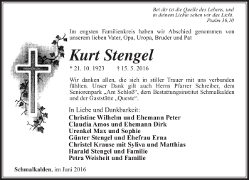 Traueranzeige von Kurt Stengel von Südthüringer Presse