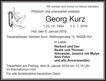 Traueranzeige von Georg Kurz von Frankenpost