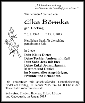 Traueranzeige von Elke Börmke von Südthüringer Presse