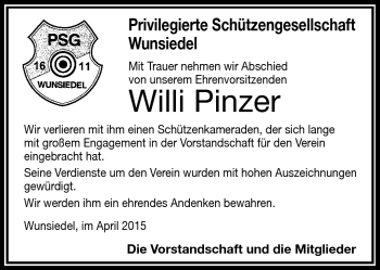 Traueranzeige von Willi Pinzer von Frankenpost