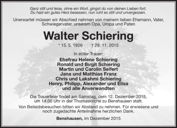 Traueranzeige von Walter Schiering von Südthüringer Presse