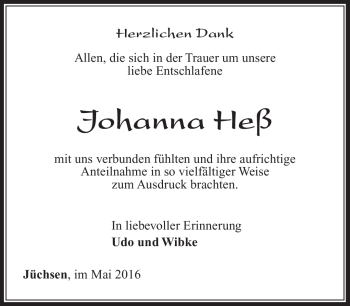 Traueranzeige von Johanna Heß von Südthüringer Presse