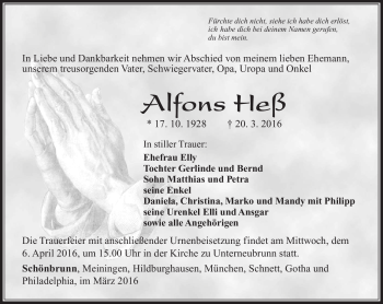 Traueranzeige von Alfons Heß von Südthüringer Presse