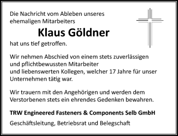 Traueranzeige von Klaus Göldner von Frankenpost