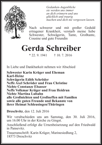 Traueranzeige von Gerda Schreiber von Südthüringer Presse