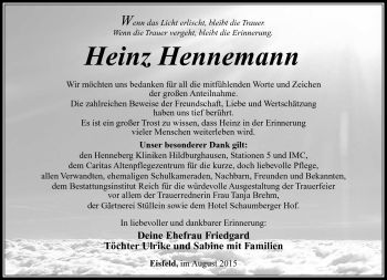 Traueranzeige von Heinz Hennemann von Südthüringer Presse