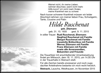 Traueranzeige von Hilde Ruschenat von Südthüringer Presse