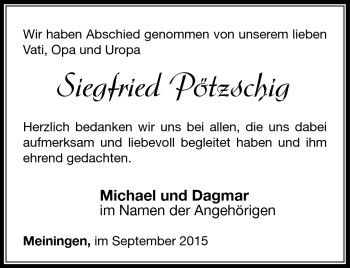 Traueranzeige von Siegfried Pötzschig von Südthüringer Presse