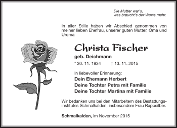 Traueranzeige von Christa Fischer von Südthüringer Presse