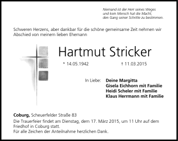 Traueranzeige von Hartmut Stricker von Neue Presse Coburg