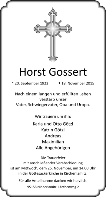 Traueranzeige von Horst Gossert von Frankenpost