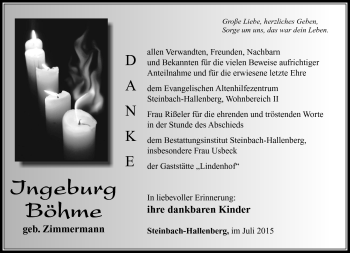 Traueranzeige von Ingeburg Böhme von Südthüringer Presse