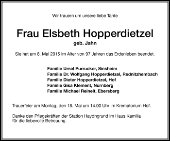 Traueranzeige von Elsbeth Hopperdietzel von Frankenpost